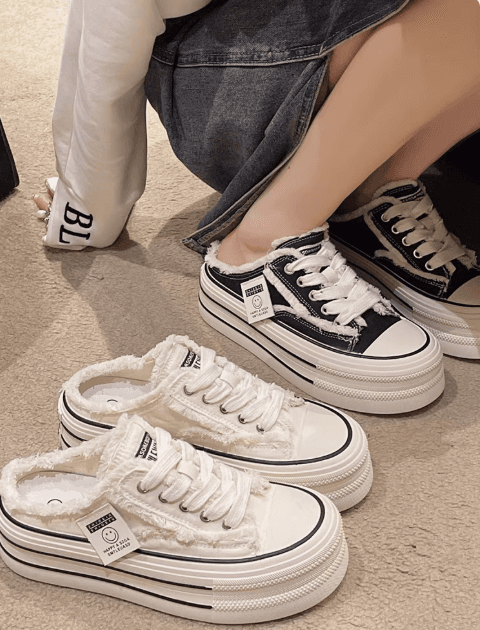 新款帆布鞋女超火半拖厚底