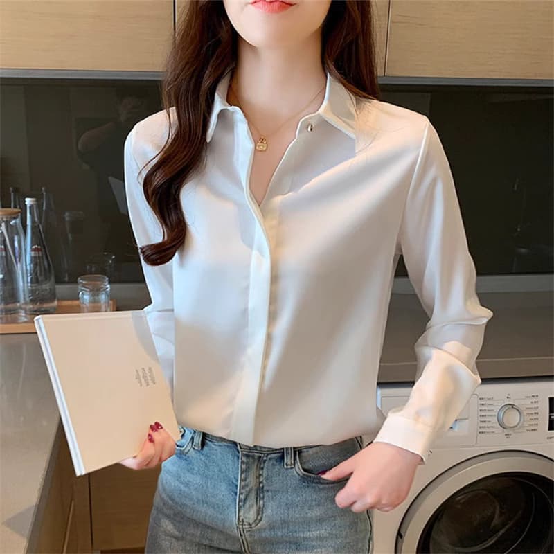 春夏垂感职业白衬衫女长袖通勤抗皱高档柔缎面面试工装衬衣设计感