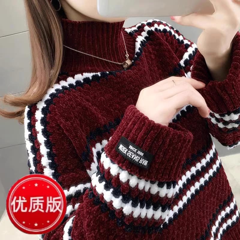 雪尼尔加绒加厚条纹毛衣女宽松内搭秋冬季新款高领套头针织打底衫