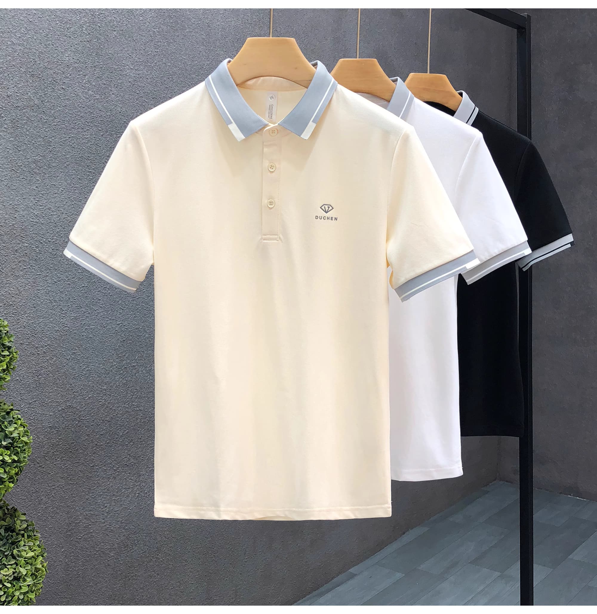 高级感杏色polo衫男款短袖潮牌休闲翻领t恤2024新款男士高端上衣
