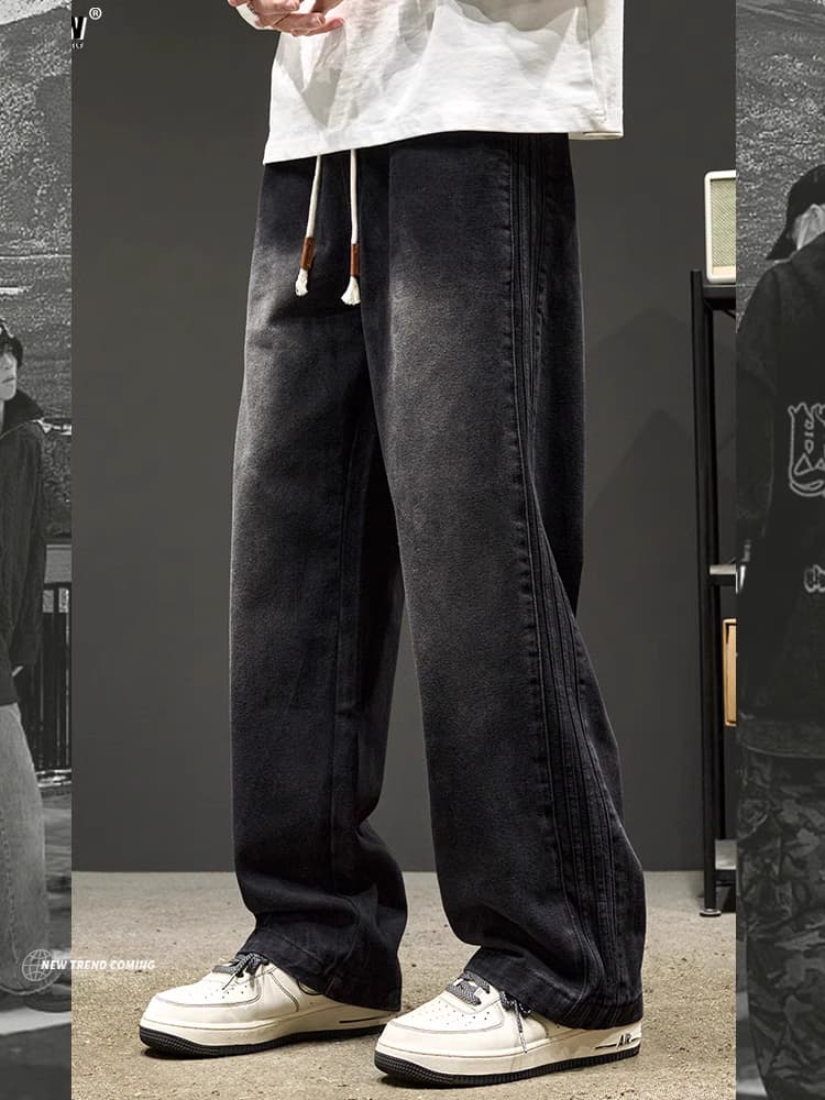黑色牛仔褲男春秋2025新款寬鬆青少年寬腿直筒褲子美式潮牌工人褲