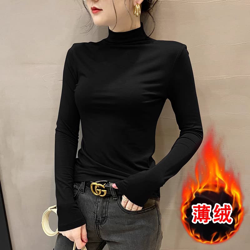 高领双面德绒2024春秋冬打底衫女内搭长袖加绒厚黑色洋气保暖上衣