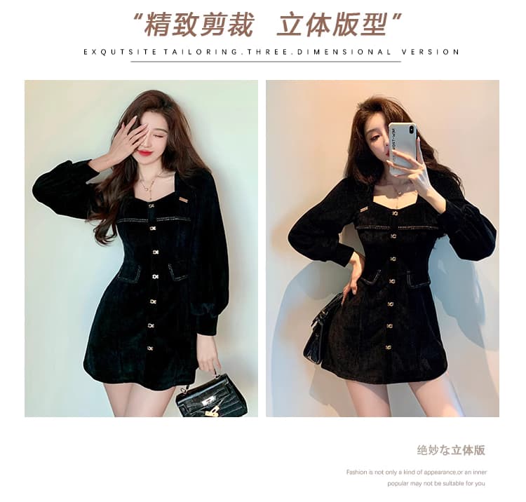 高级法式复古气质方领雪尼尔长袖小礼服连衣裙小个子小黑裙短裙女