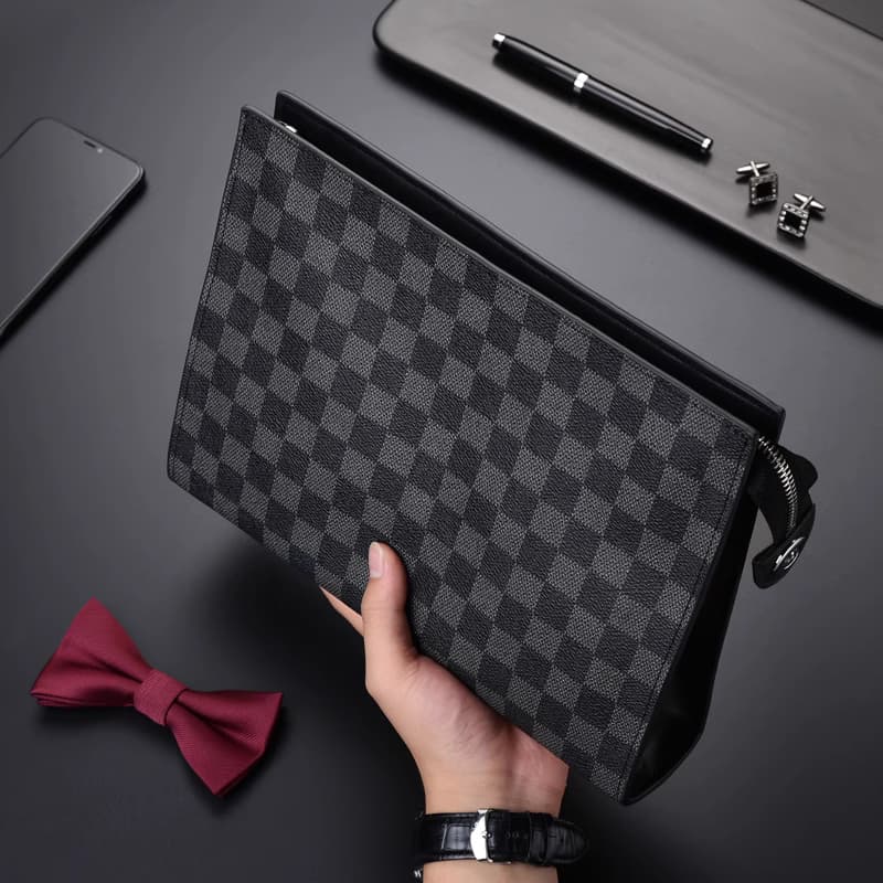 手包男士手拿包棋盘格子时尚潮男手抓包夹包大容量商务休闲手拎包