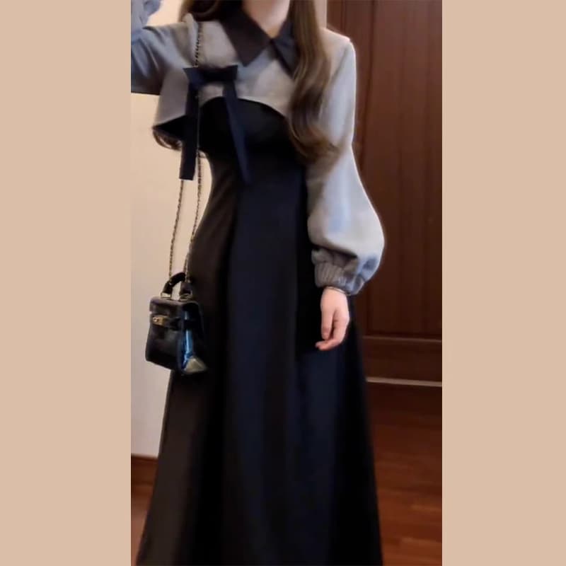 2025早春新款黑色長袖洋裝子女秋冬小香風穿搭一整套氣質長裙