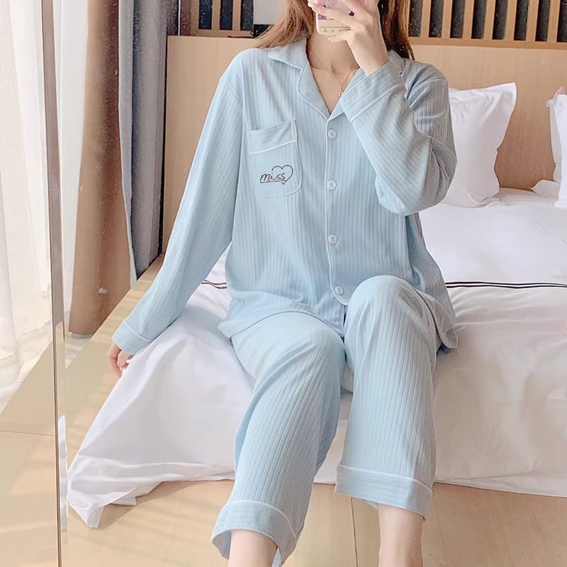 纯棉休闲睡衣女款春秋冬季纯色2024年新款简约长袖家居服两件套装