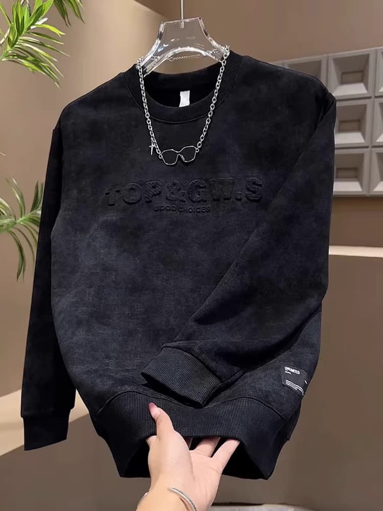 2024春秋冬款百搭潮流套头钢印字母上衣男士长袖休闲时尚加绒卫衣